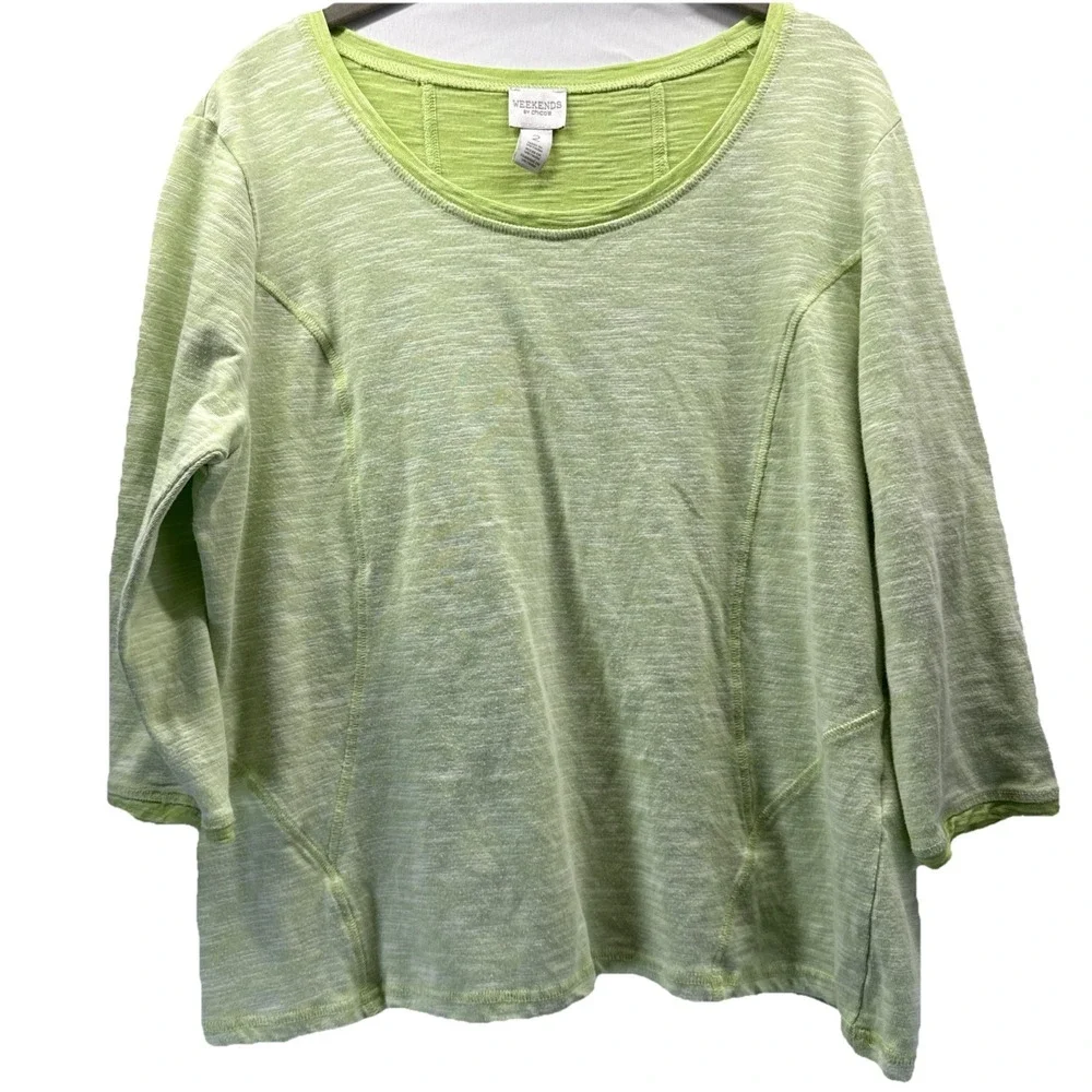 Chicos‎ Weekends Women's Top Sz Large Green 3/4 Sleeves Seamed Cotton Blend